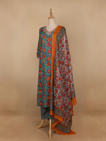Light Green Floral Designed Cotton Salwar Suit - Diadem