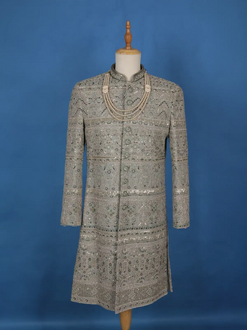 Light Green Floral Designed Sherwani Suit - Diadem