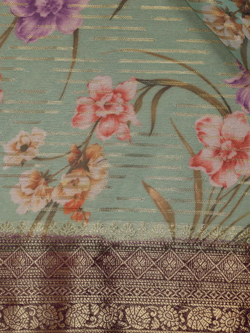 Light Green Floral Printed Chiffon Saree - Diadem