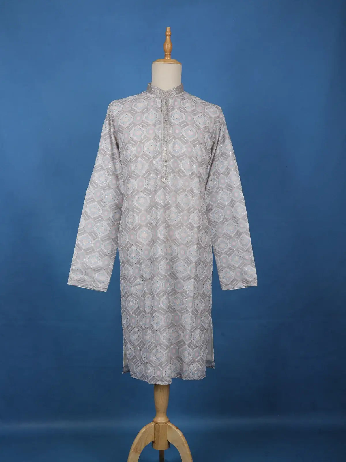 Light Grey Geometric Embroidered Kurta with Sequin Detailing - Diadem
