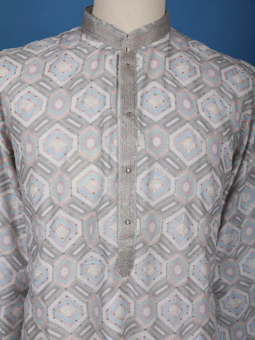 Light Grey Geometric Embroidered Kurta with Sequin Detailing - Diadem