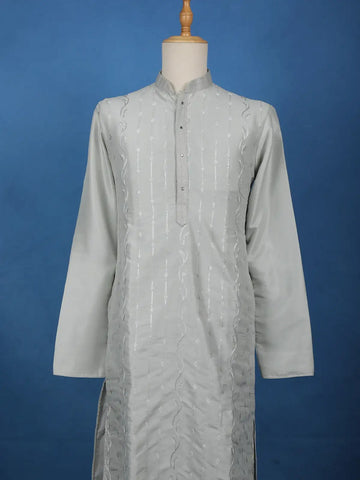 Light Grey Thread Embroidered Kurta Set , With Pant - Diadem