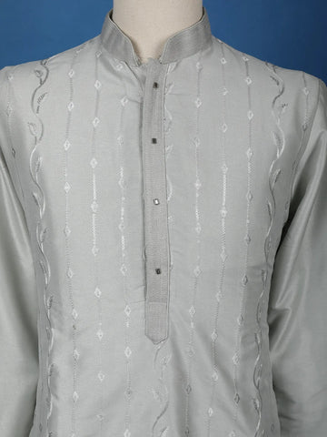 Light Grey Thread Embroidered Kurta Set , With Pant - Diadem