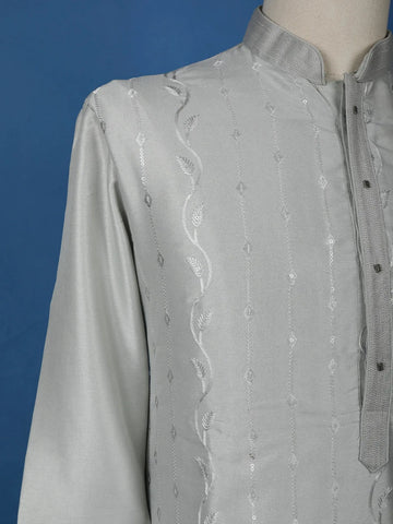 Light Grey Thread Embroidered Kurta Set , With Pant - Diadem