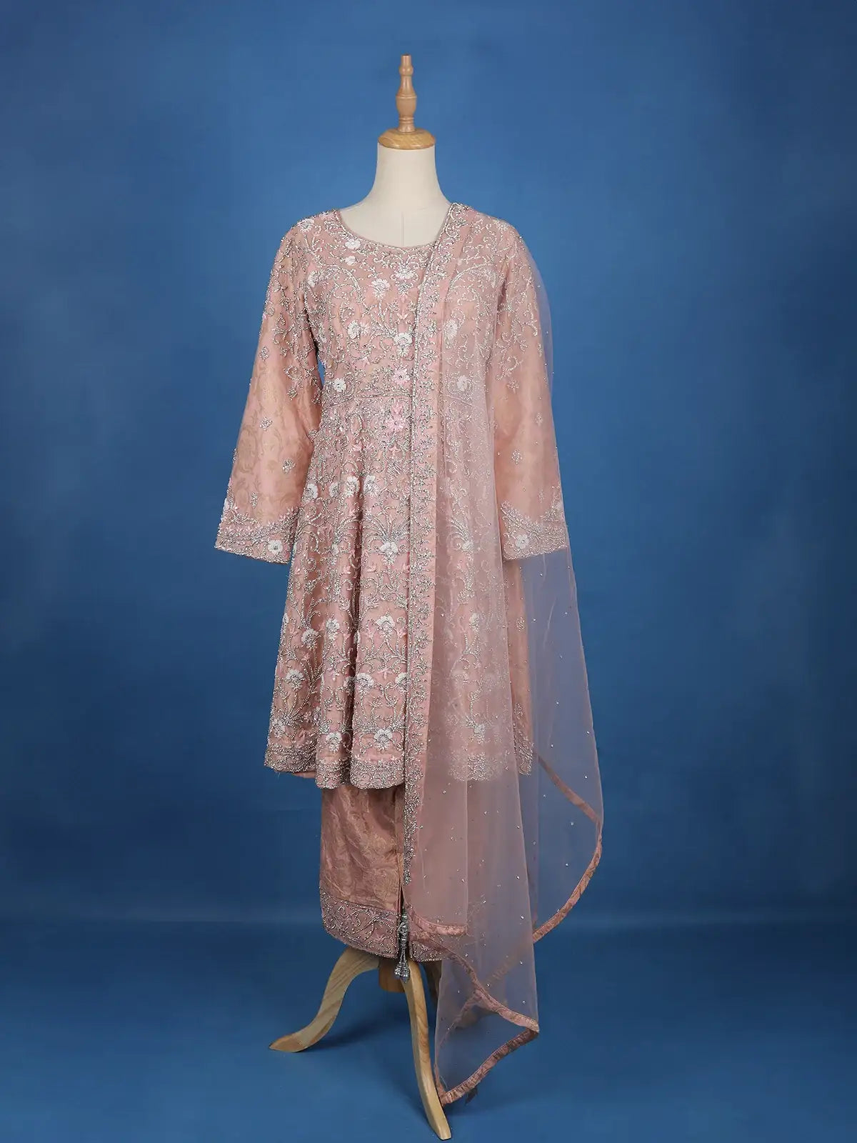 Light Peach Floral Designed Net Salwar Suit - Diadem