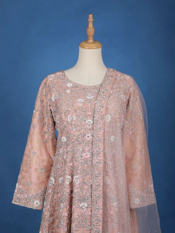Light Peach Floral Designed Net Salwar Suit - Diadem