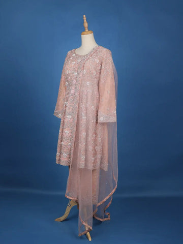 Light Peach Floral Designed Net Salwar Suit - Diadem