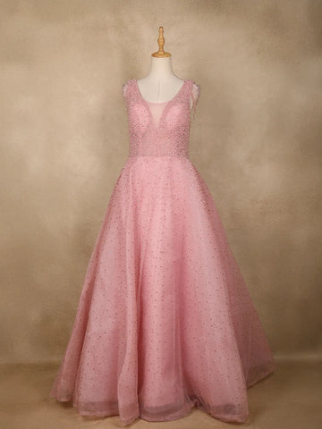 Light Peach Net Beads And Pearls Worked Party Wear Gown - Diadem