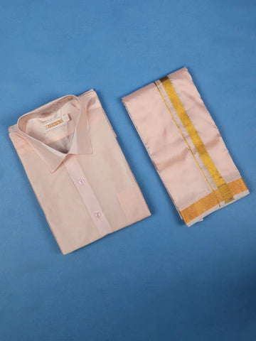 Light Peach Plain Semi Silk Full-Sleeve Shirt with Matching Dhoti Set - Diadem