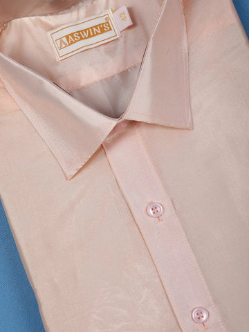Light Peach Plain Semi Silk Full-Sleeve Shirt with Matching Dhoti Set - Diadem