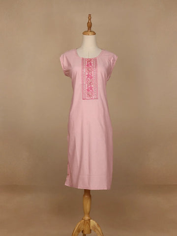 Light Pink Floral Designed Cotton Kurti - Diadem
