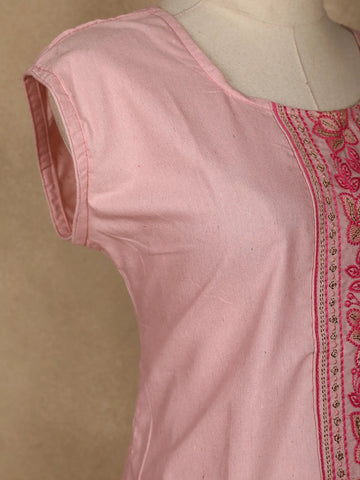Light Pink Floral Designed Cotton Kurti - Diadem