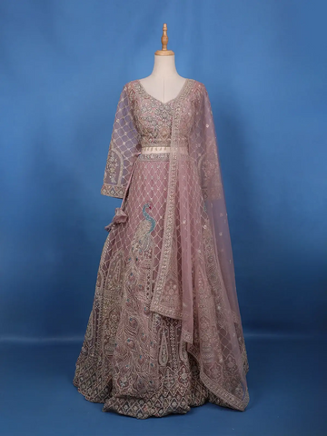 Light Purple Beaded Floral Motiff Embroidery Bridal Net Lehenga - Diadem