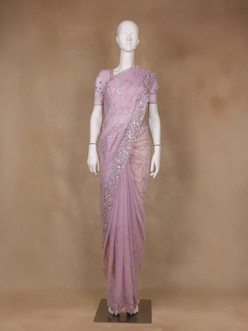 Light Purple Floral Designed Organza Designer Saree - Diadem