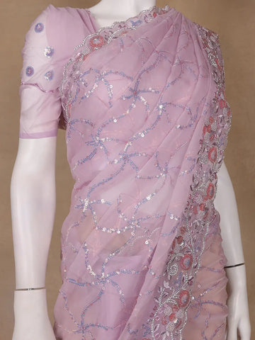 Light Purple Floral Designed Organza Designer Saree - Diadem