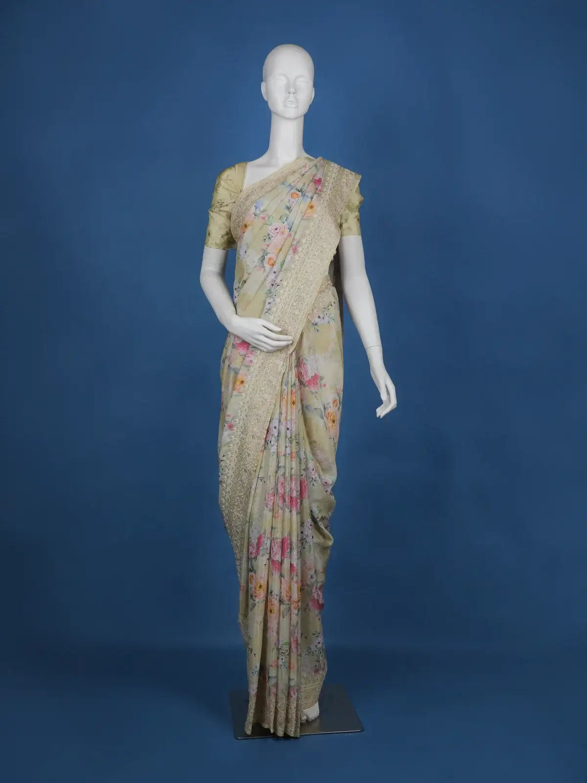 Light Yellow Floral Designed Chiffon Saree - Diadem