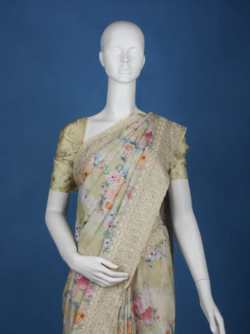 Light Yellow Floral Designed Chiffon Saree - Diadem