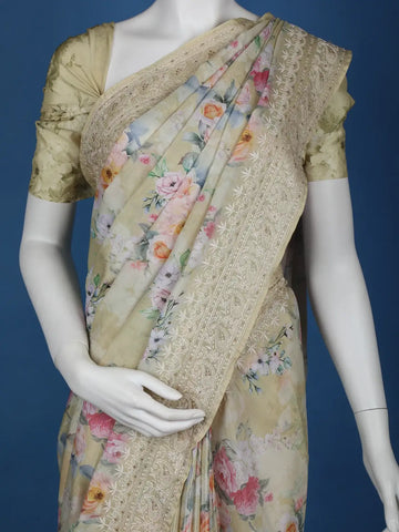 Light Yellow Floral Designed Chiffon Saree - Diadem