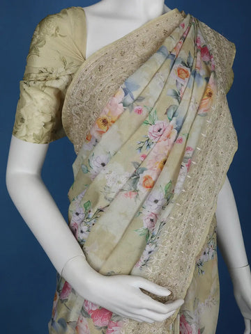 Light Yellow Floral Designed Chiffon Saree - Diadem