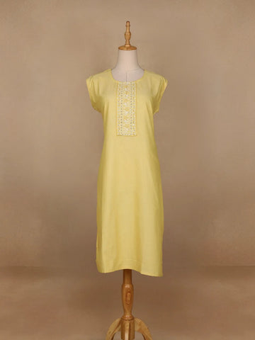 Light Yellow Floral Designed Cotton Kurti - Diadem