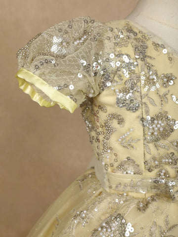 Light Yellow Floral Designed Party Gown for Girls - Diadem