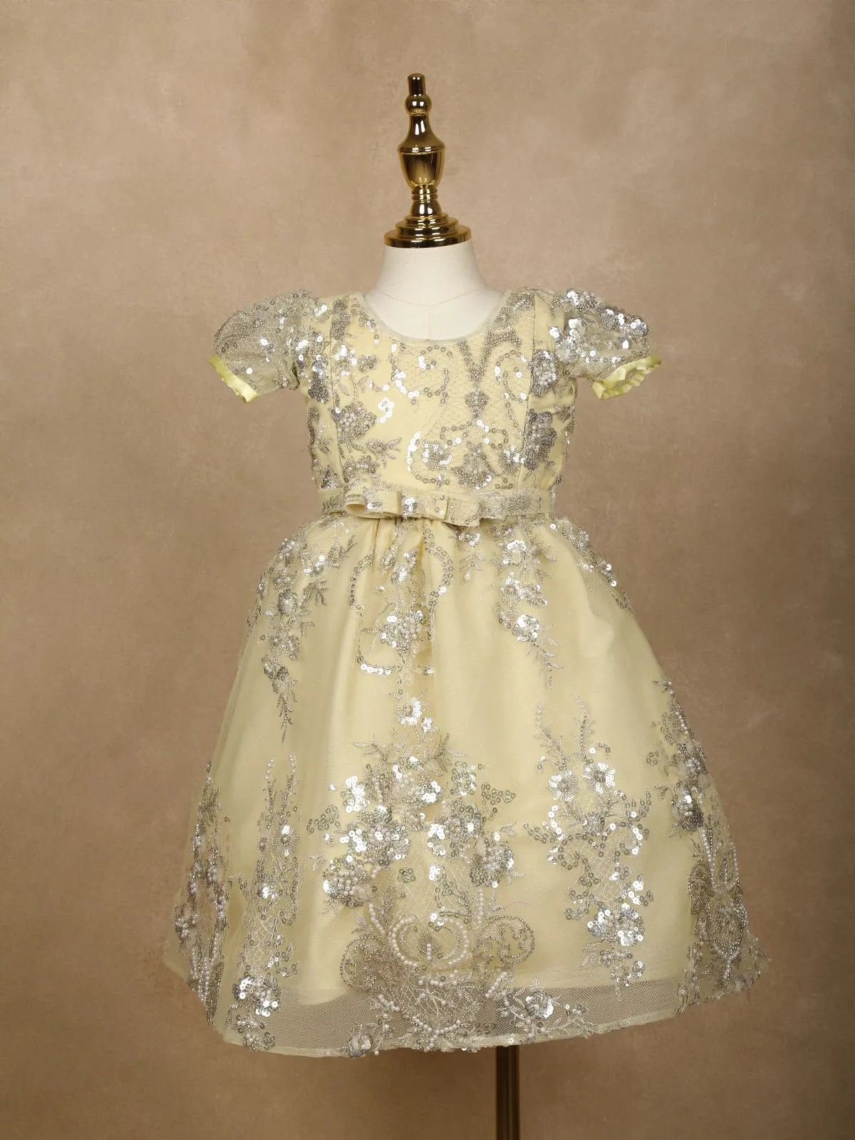 Light Yellow Floral Designed Party Gown for Girls - Diadem