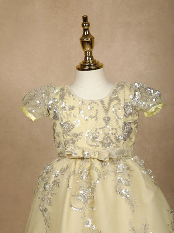 Light Yellow Floral Designed Party Gown for Girls - Diadem