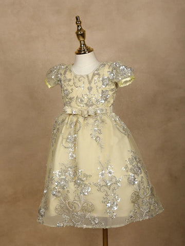 Light Yellow Floral Designed Party Gown for Girls - Diadem