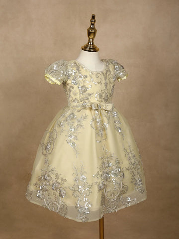 Light Yellow Floral Designed Party Gown for Girls - Diadem