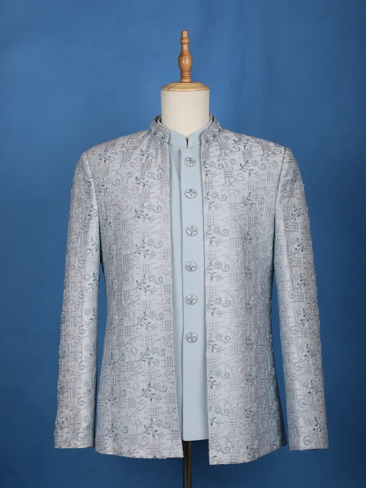 Light blue Floral Designed Jodhpuri Men's Suit - Diadem