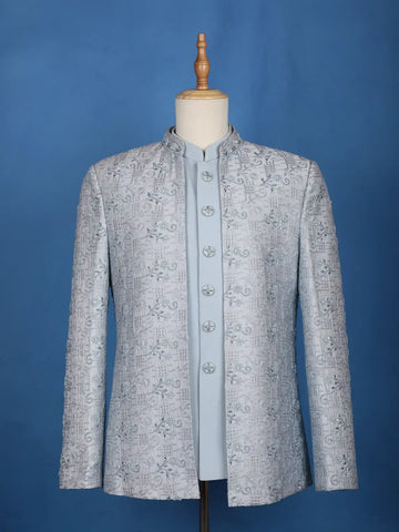 Light blue Floral Designed Jodhpuri Men's Suit - Diadem