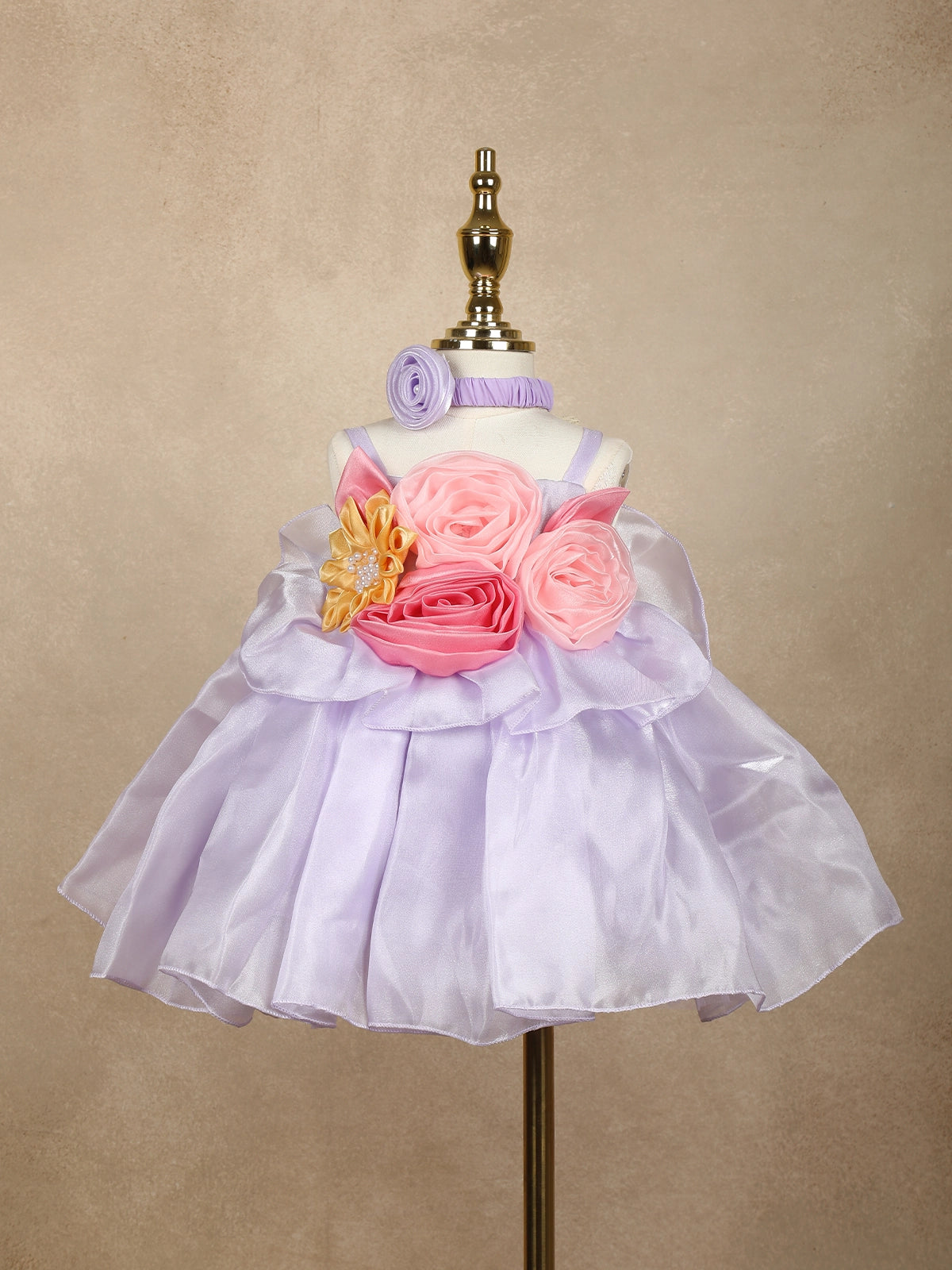 Lilac Floral Embellished Satin Organza Party Frock With Oversized Rosette Design