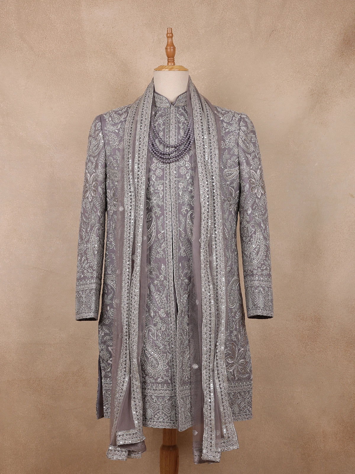Lilac Grey Floral And Paisley Embroidery Net Sherwani Suit