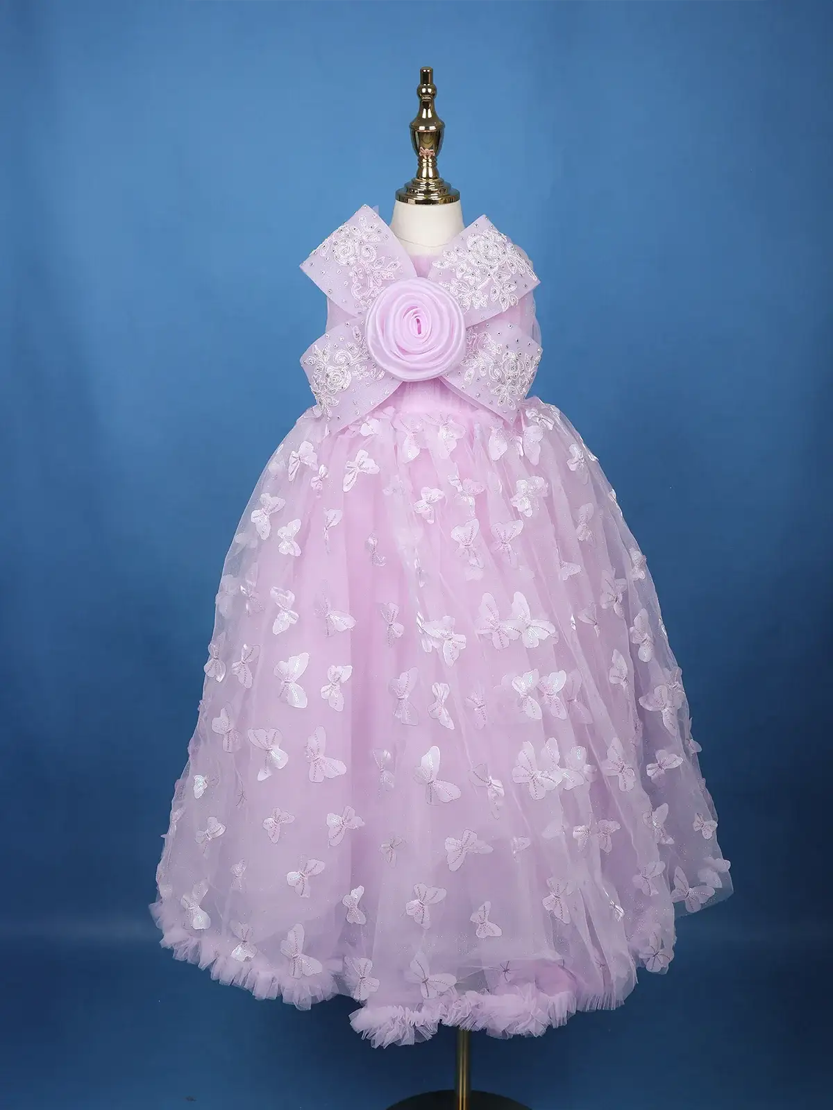 Lilac Butterfly Applique Embroidered Net Kids Gown - Diadem