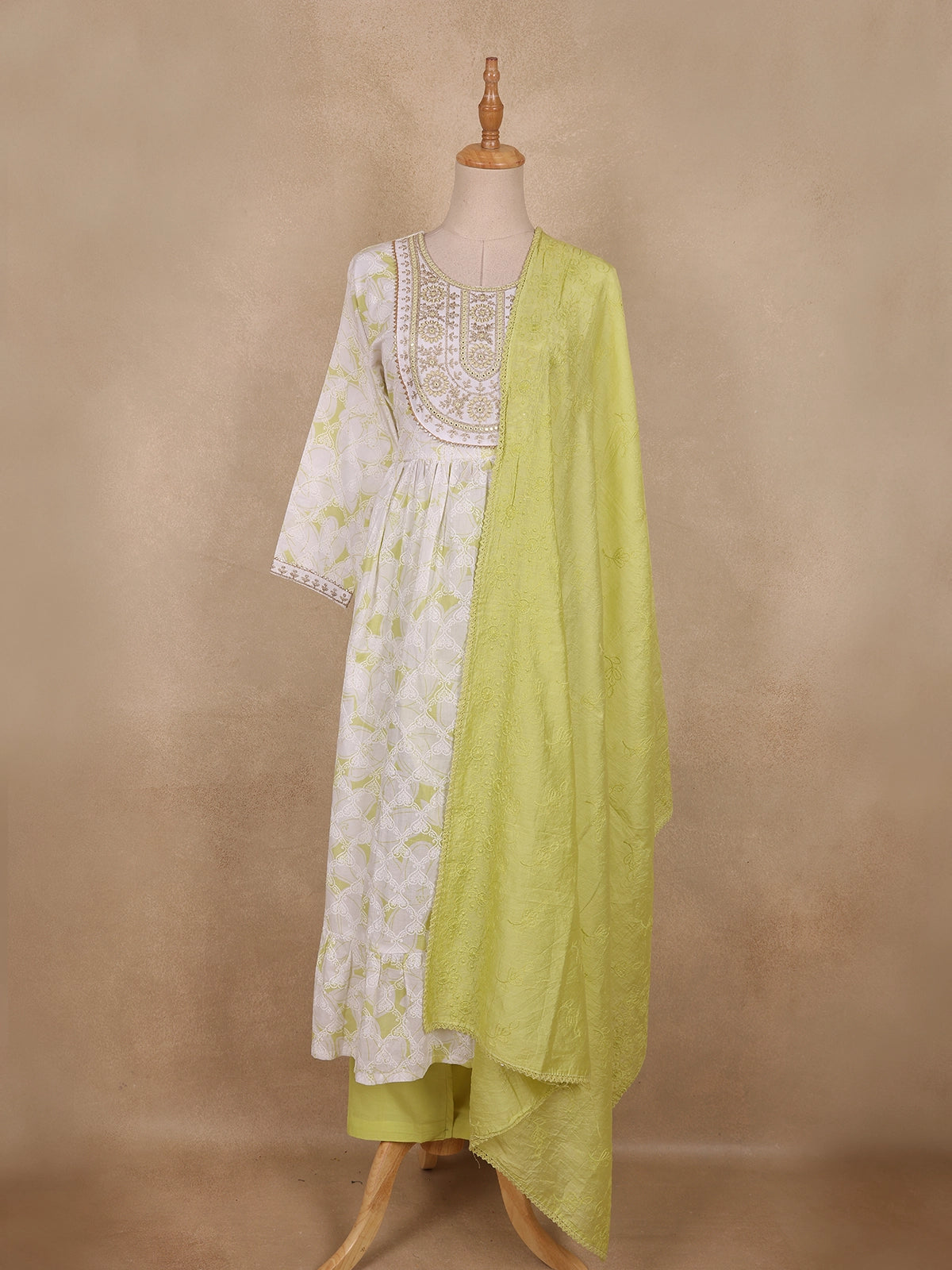 Lime Green Floral Embroidered Design Cotton Anarkali Salwar Suit