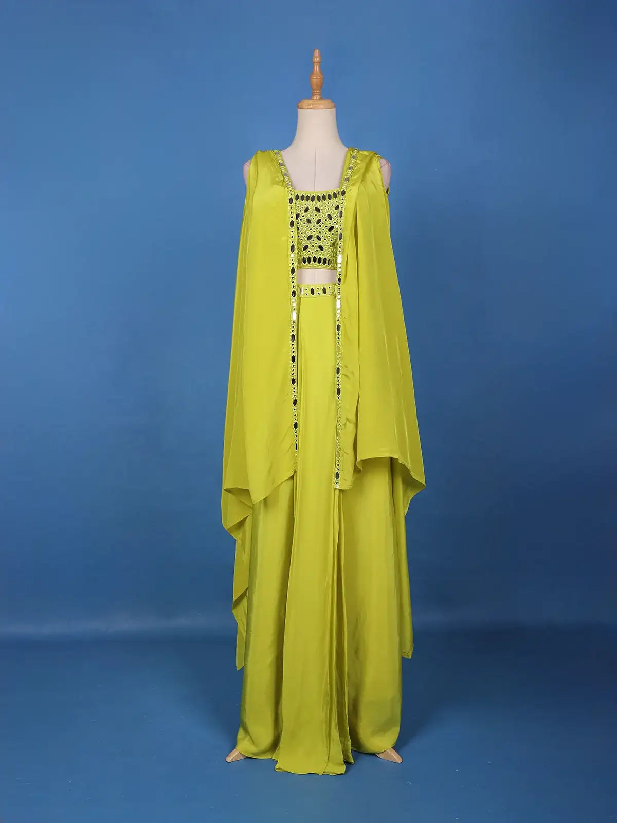 Lime Green Mirror Embroidered Crepe Skirt Top - Diadem