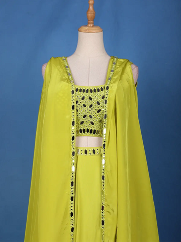 Lime Green Mirror Embroidered Crepe Skirt Top - Diadem