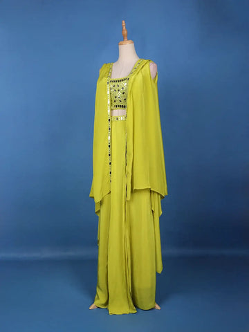 Lime Green Mirror Embroidered Crepe Skirt Top - Diadem