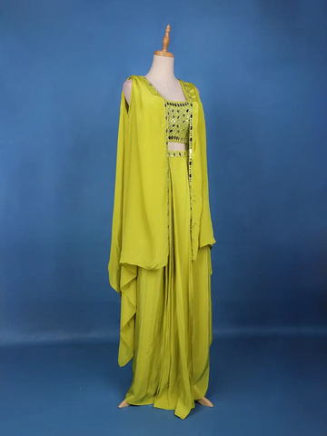 Lime Green Mirror Embroidered Crepe Skirt Top - Diadem