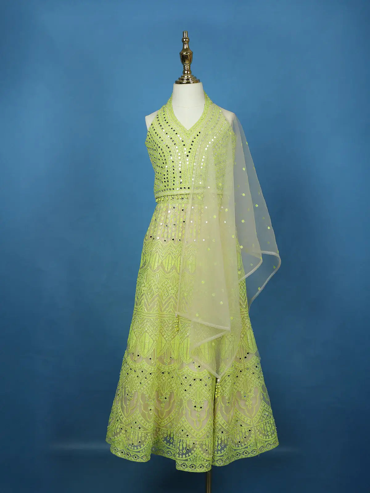 Lime Green Mirror Work Kids Net Lehenga - Diadem