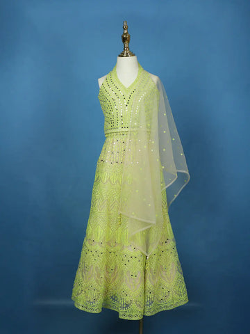 Lime Green Mirror Work Kids Net Lehenga - Diadem