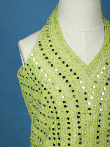 Lime Green Mirror Work Kids Net Lehenga - Diadem