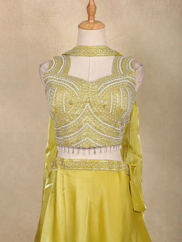 Lime Yellow Heavy Bead Embroidery Organza Lehenga Suit - Diadem