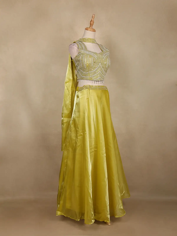 Lime Yellow Heavy Bead Embroidery Organza Lehenga Suit - Diadem