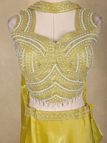 Lime Yellow Heavy Bead Embroidery Organza Lehenga Suit - Diadem