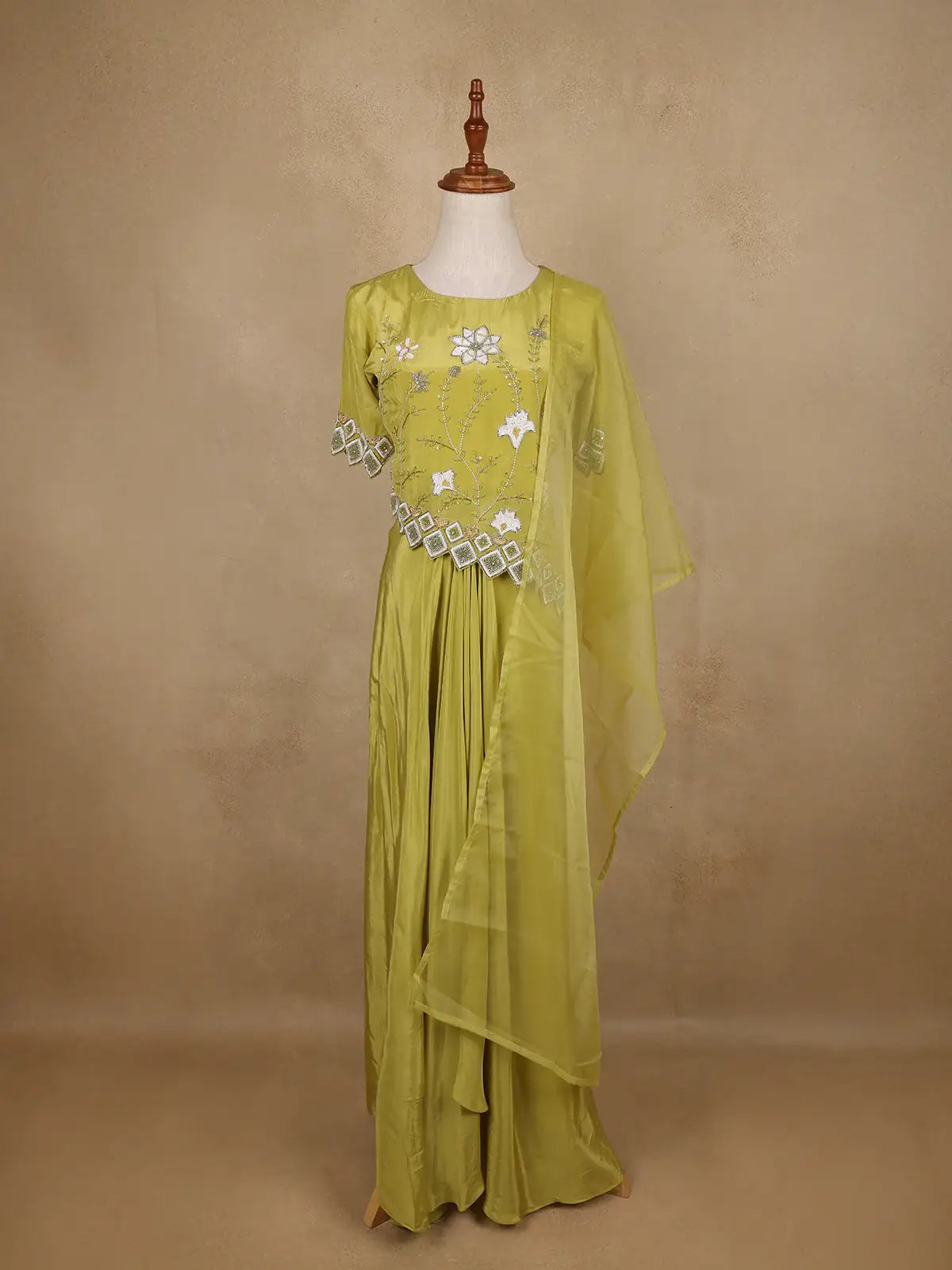 Lime Green Floral Sequins Embellished Crepe Skirt - Diadem