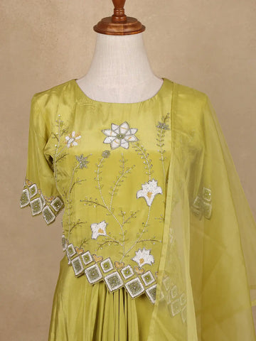 Lime Green Floral Sequins Embellished Crepe Skirt - Diadem