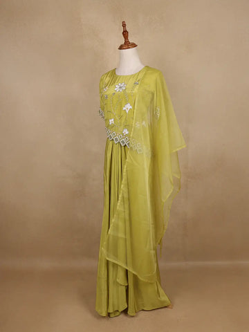 Lime Green Floral Sequins Embellished Crepe Skirt - Diadem