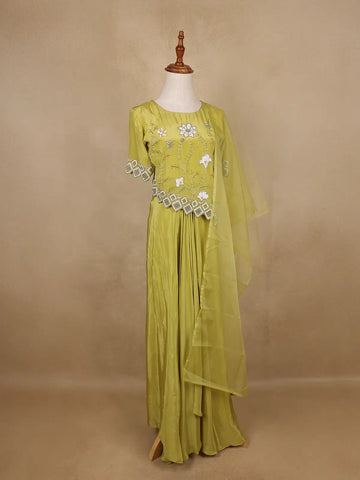 Lime Green Floral Sequins Embellished Crepe Skirt - Diadem