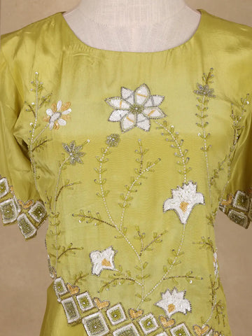 Lime Green Floral Sequins Embellished Crepe Skirt - Diadem